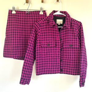 LOFT Petites Pink & Black Houndstooth Tweed Blazer & Skirt Set